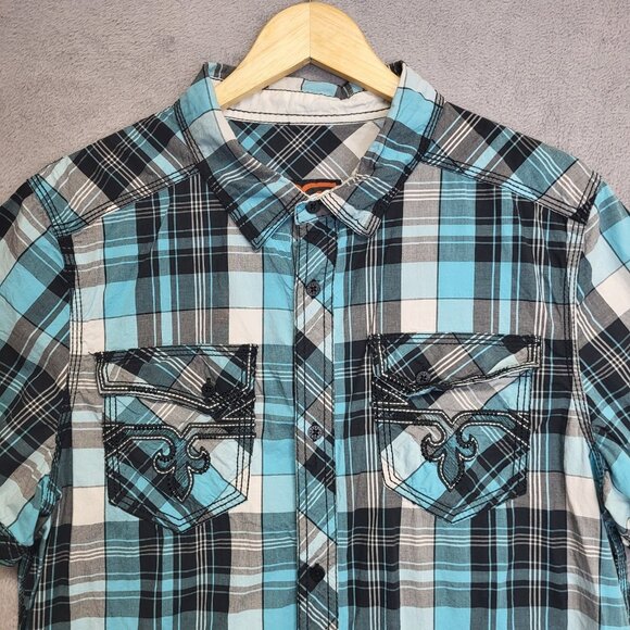 Rock Revival Shirt Mens Large Blue Plaid Button Up Western Cowboy Short Sleeve - Picture 2 of 9